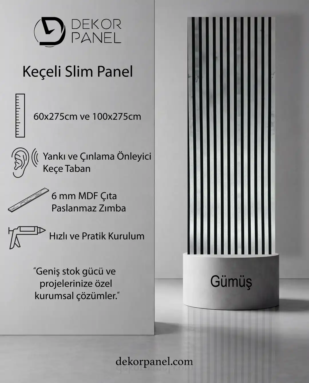 60x275 cm Gümüş Akustik Slim Duvar Paneli