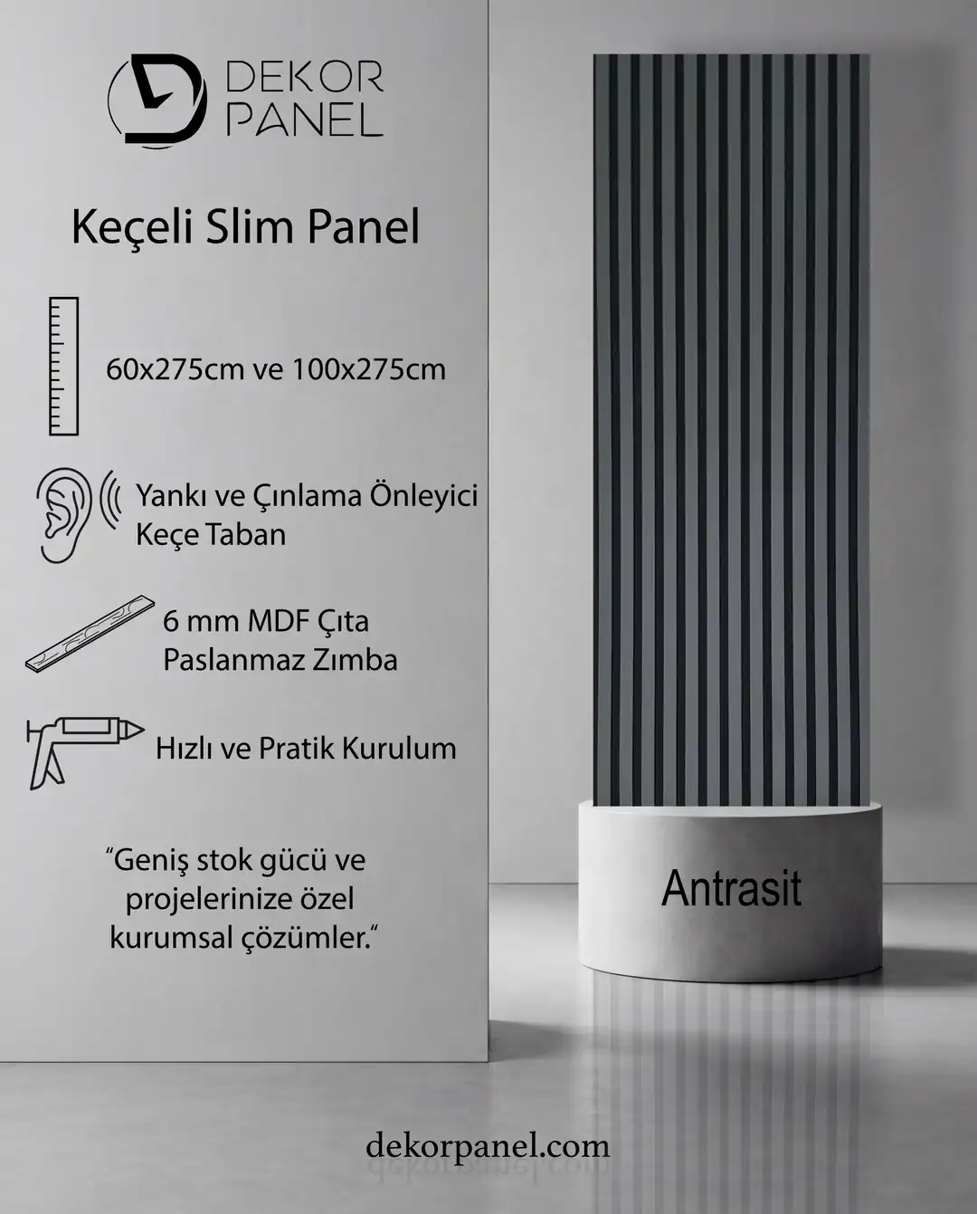100x275 cm Antrasit Akustik Slim Duvar Paneli