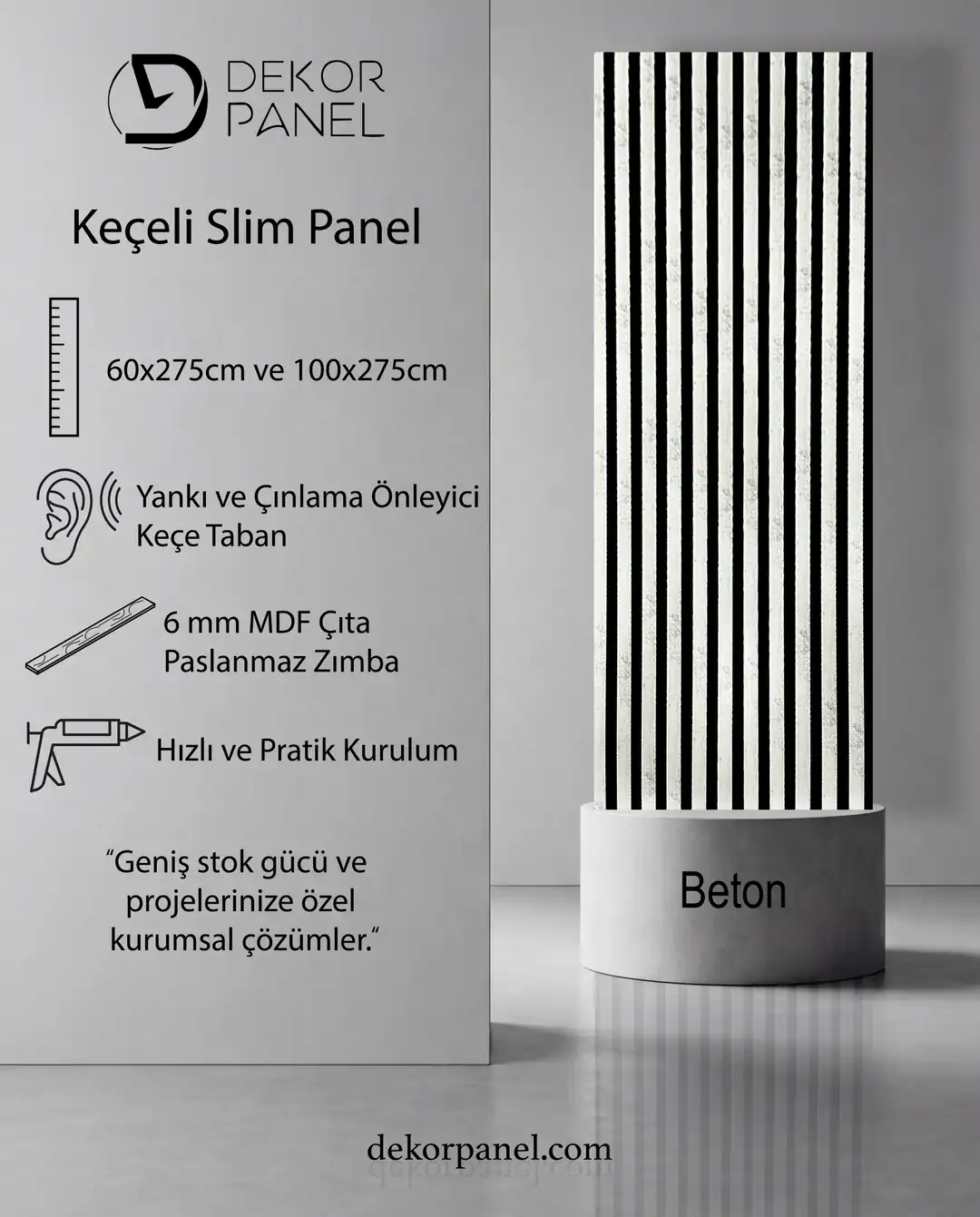 60x275 cm Beton Gri Akustik Slim Duvar Paneli 