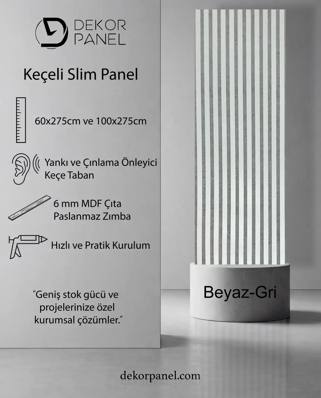 60x275 cm Beyaz Gri Akustik Slim Duvar Paneli 