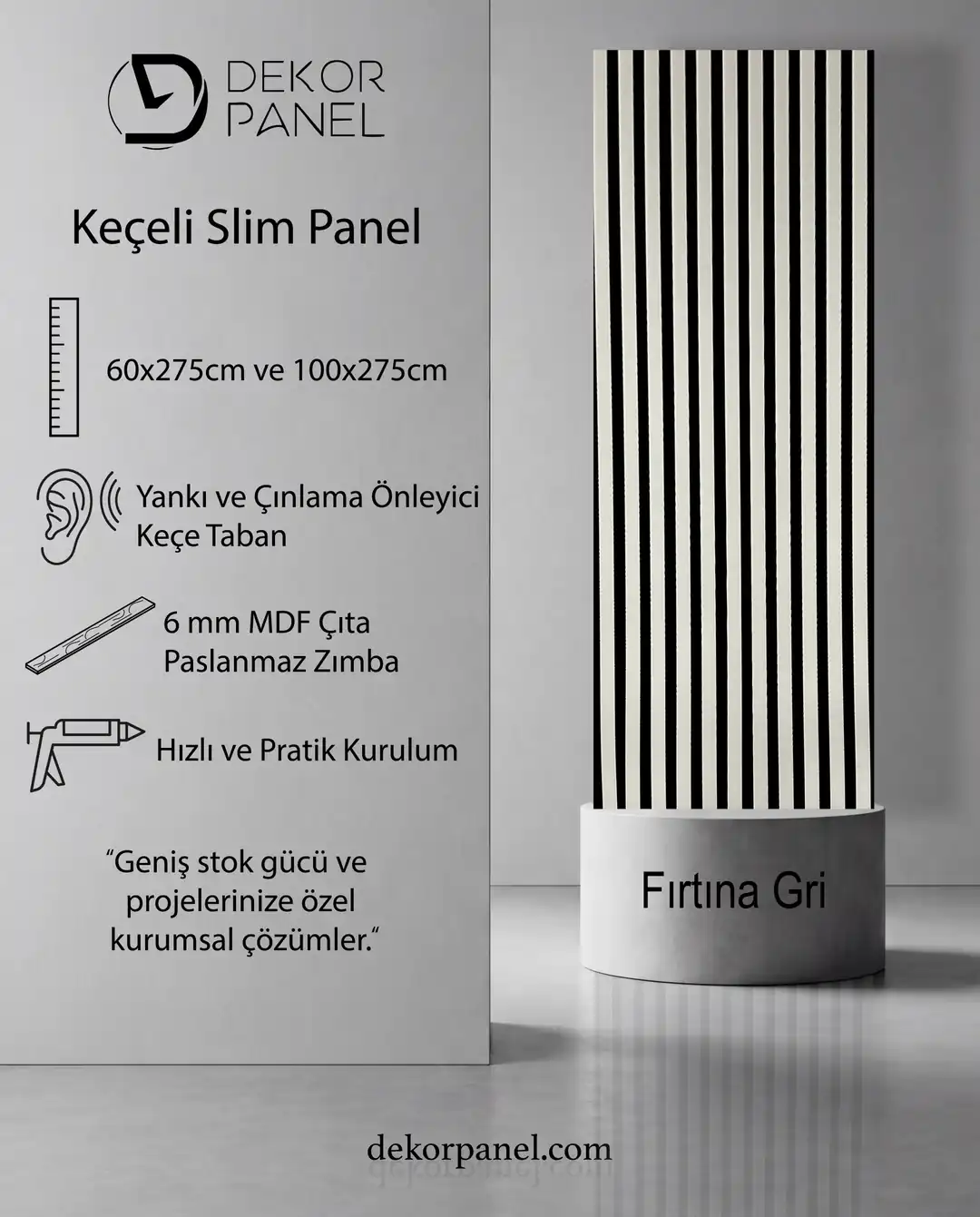 60x275 cm Fırtına Gri Akustik Slim Duvar Paneli 