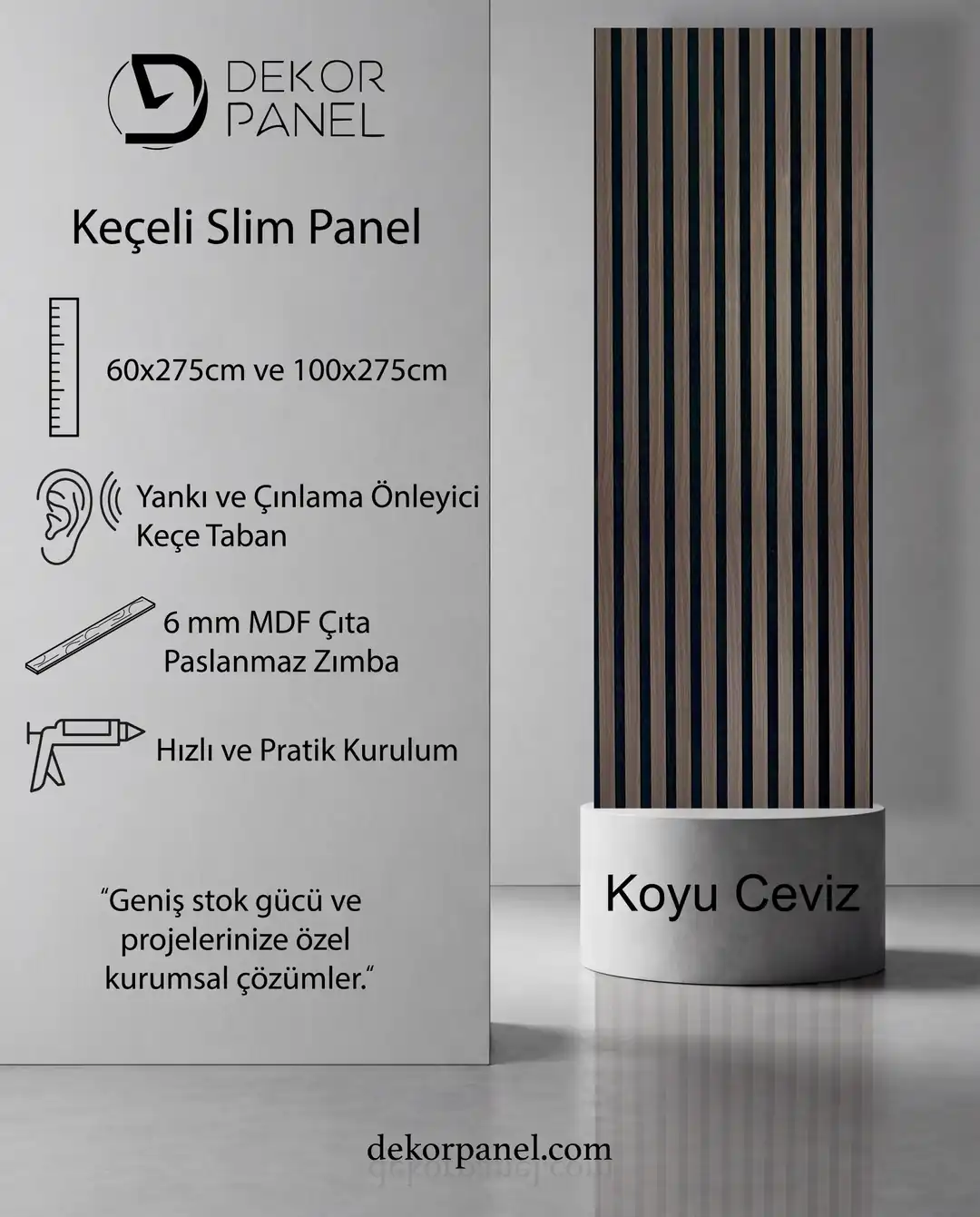 60x275 cm Ceviz Akustik Slim Duvar Paneli