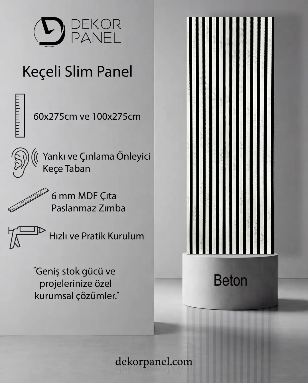 100x275 cm Beton Gri  Akustik Slim Duvar Paneli 