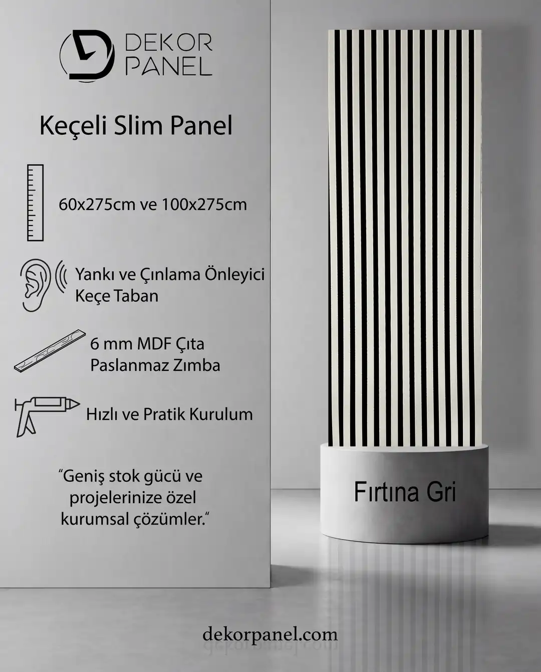  100x275 cm Fırtına Gri Akustik Slim Duvar Paneli 